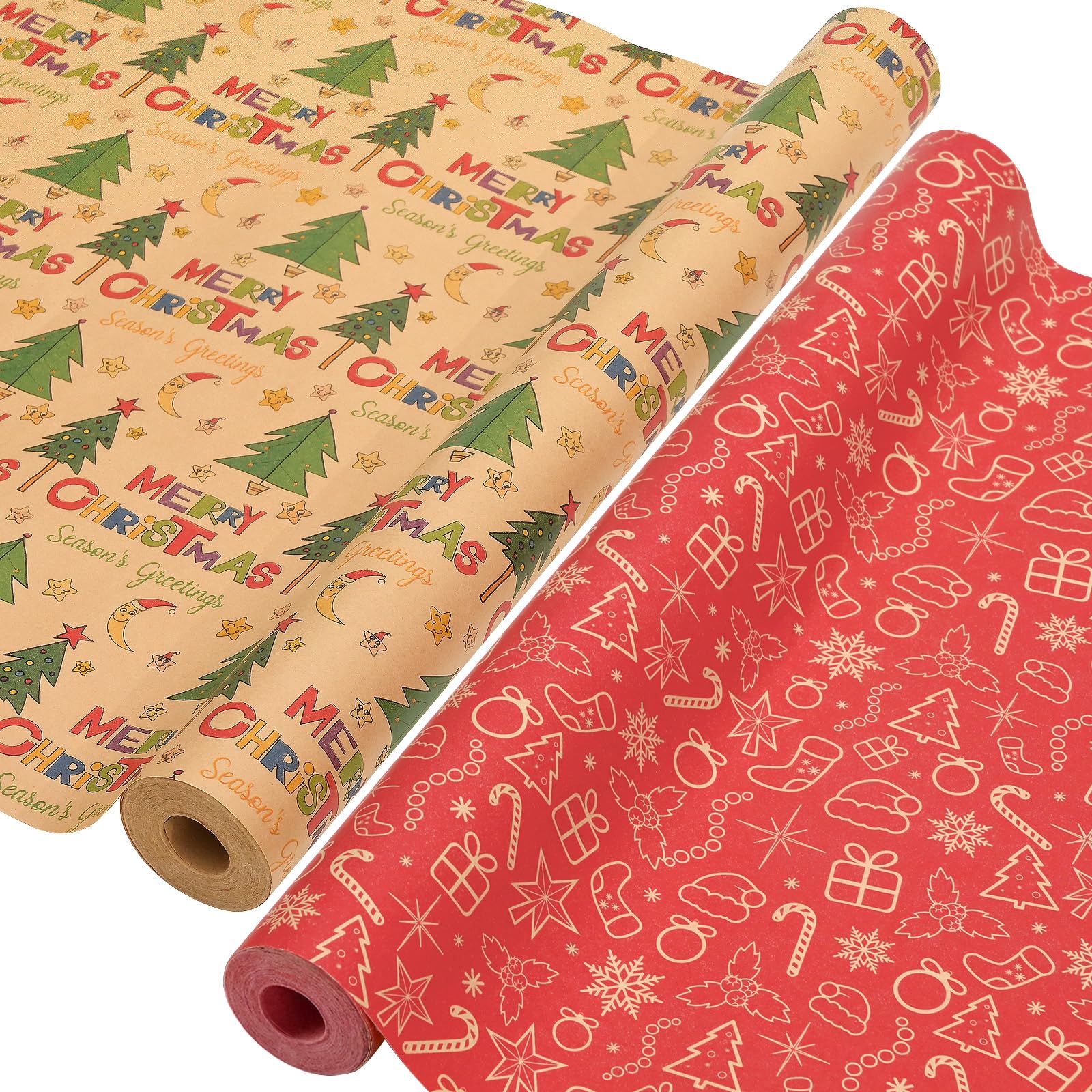 AhfuLife 2 Rolls Christmas Wrapping Paper - 17 Inch × 49.2 Ft Per Roll, Recyclable Red Kraft Xmas Wrapping Paper for Christmas Gift Box Decoration