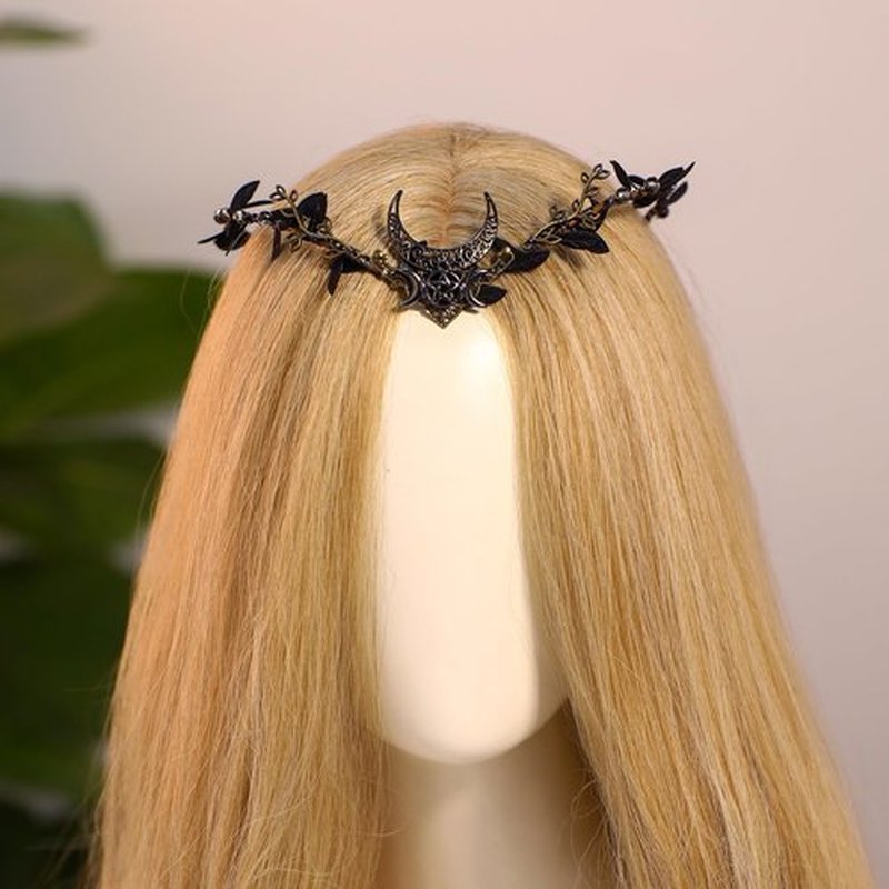 MOSTORY Handmade Moon Elf Headpiece - Woodland Forest Crown Fairy Goddess Tiara Elven Circlet Medieval Queen Festive Accessory for Women s Halloween Cosplay Renaissance Black