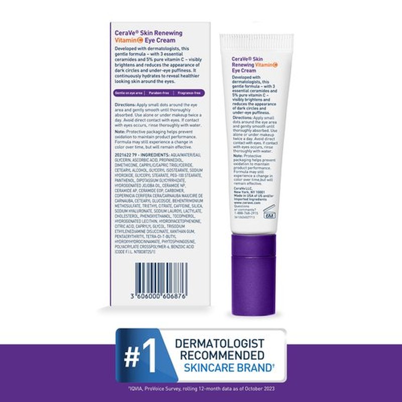 CeraVe Skin Renewing Vitamin C Eye Cream, Vitamin C, Hyaluronic Acid, Ceramides & Caffeine, Under Eye Cream For Dark Circles and Puffiness, Fragrance Free & Ophthalmologist Tested, 0.5 Fl. Oz