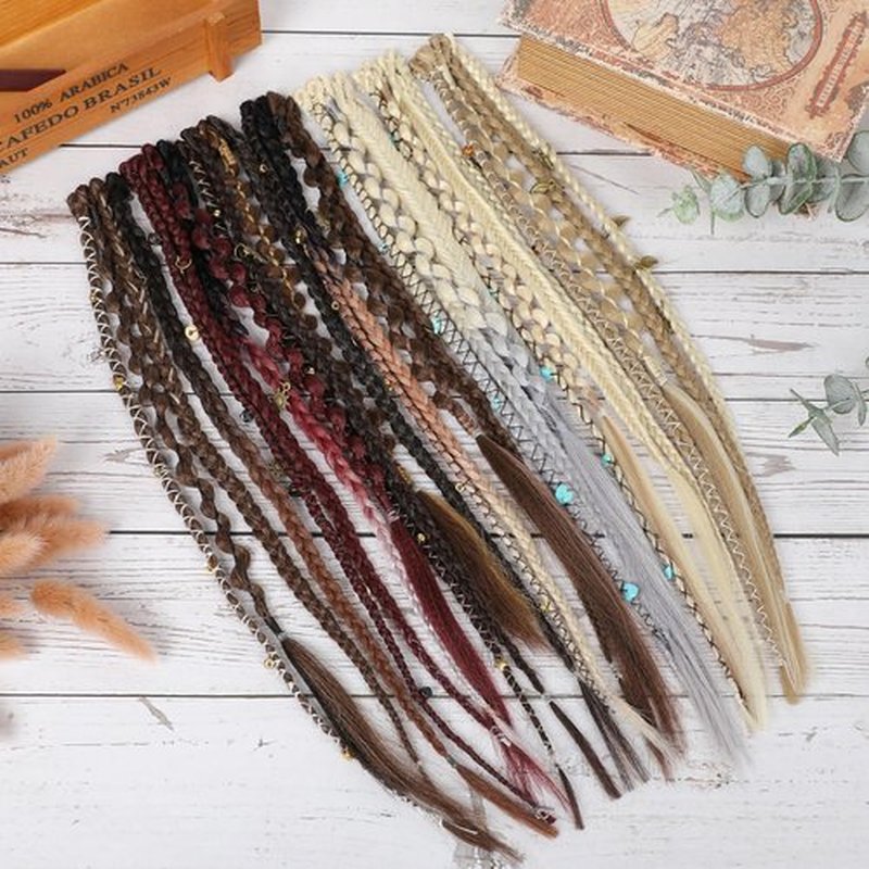 REECHO Clip in Braid Hair Extensions for Women, 16" Boho Dreadlock Clip in Braids with Beads & Charms, 2PCS Synthetic Braided Hairpieces for Cosplay Daily, Medium Blonde with Light Blonde