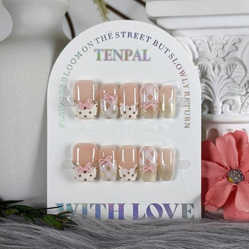 TENPAL 10Pcs Y2K Short Medium Coffin Press On Nails With Tools Kit,Light Pink Cat Eye French Fake Nails with Dot Bow Plaid Pattern,K-Beauty Acrylic Glue on Nails for Wedding Party Daily Wear(XS)