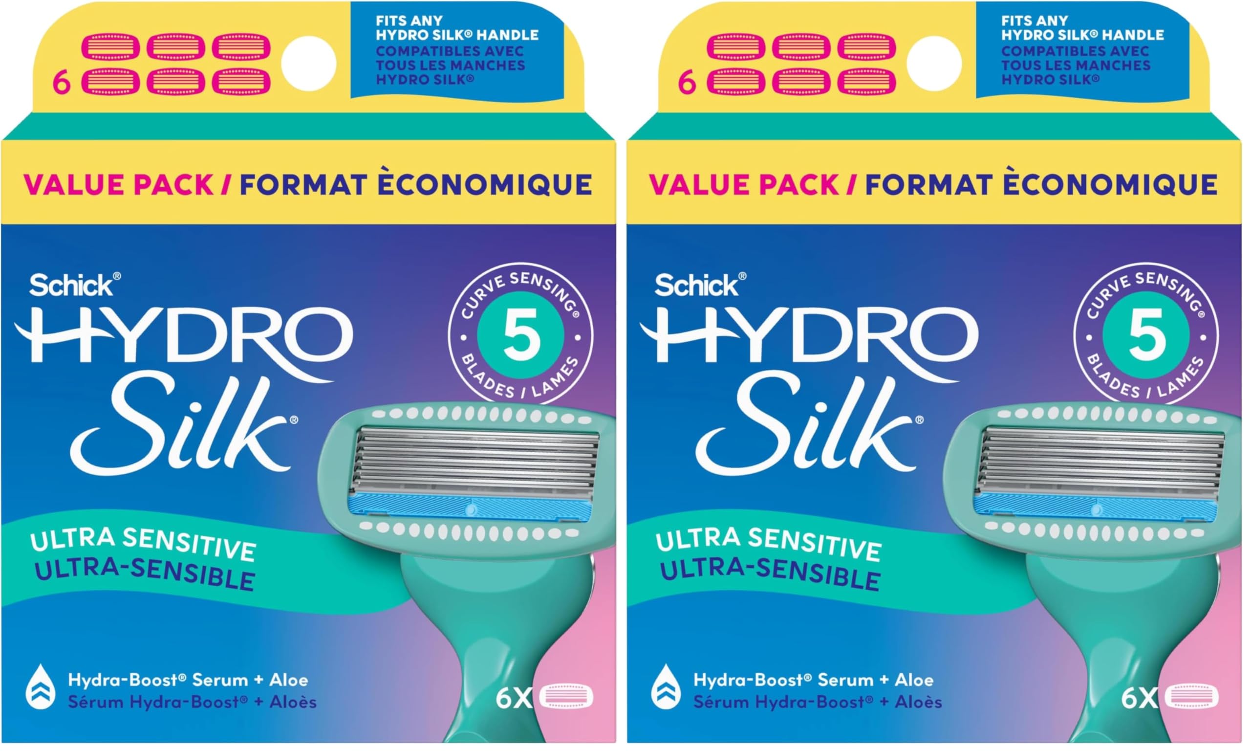 Schick Hydro Silk Sensitive Razor Blade Refills,| 5-Blade Sensitive Skin Razors for Women | Womens Razor Refills for-Sensitive Skin,6 Count (Pack of 2)