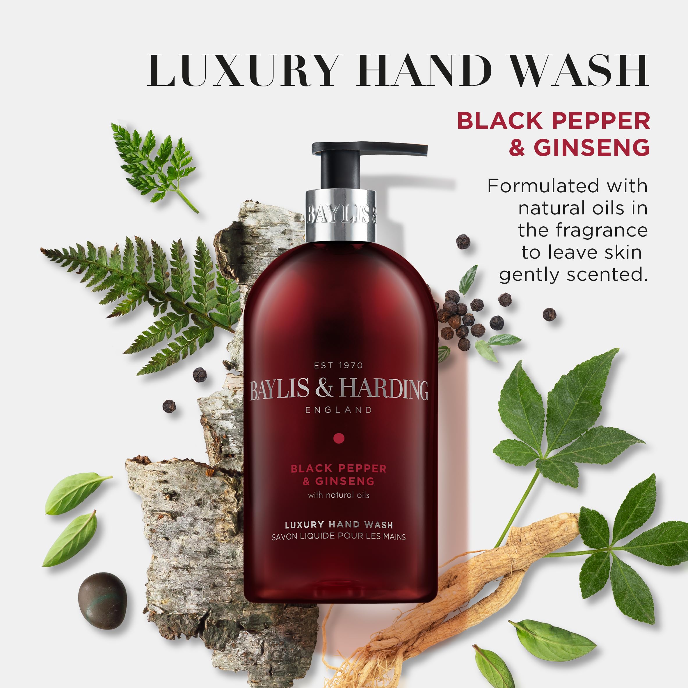 Baylis & Harding Liquid Hand Soap Wash with Dispenser, Black Pepper & Ginseng for Men, 16.9oz/500ml (3-Pack)