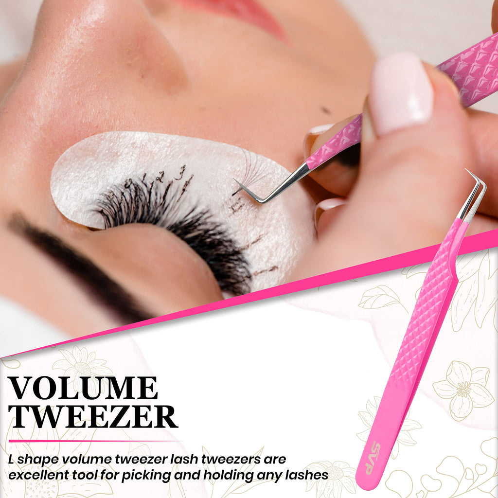 SV Fiber Tip Lash Tweezers For Eyelash Extensions With Diamond Grip, Professional Lash Tweezers Set of 5 - Precise Tips Japanese Steel for Classic, Volume & Mega Volume Lashes with Travel Case Box
