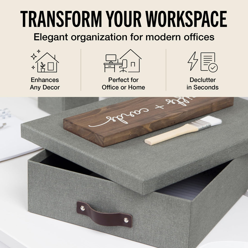 Bigso Oskar Canvas Fiberboard Document Letter Box - File Organizer Box for Important Paperwork - Document Storage with a Lid & Leather Handle - 3.3 in x 10.2 in x 13.8 in - Gray
