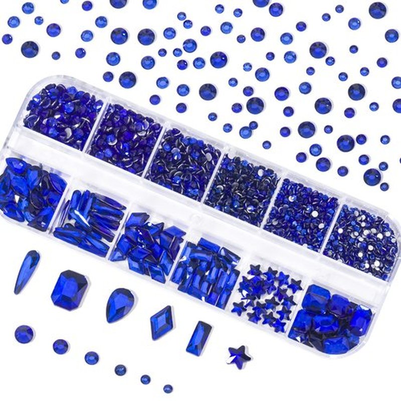 Nail Rhinestones Kit Round Flat Back Rhinestones 1500Pieces Multi Shape Blue Nail Gems 10ml Gel Nail Glue with Nail Crystals Diamonds Jewelry Rhinestones for Nail Design DIY Crafts Decoration