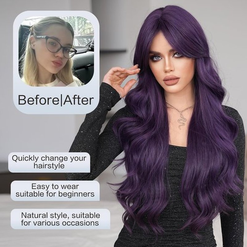 7JHH WIGS 31in Purple Long Water Body Wavy Wigs with Curtain Bangs Natural Heat Resistant Synthetic Fiber Midlle Part Women Curly Wigs for Chrismas Daily Party Daily Used