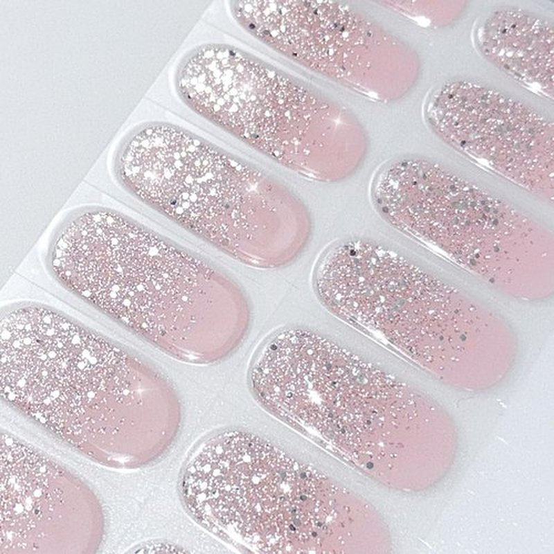 JMEOWIO Gel Nail Stickers Glitter Light Pink Cured Gel Nail Strips Wraps UV/LED Nails Art Design Decoration Accessories