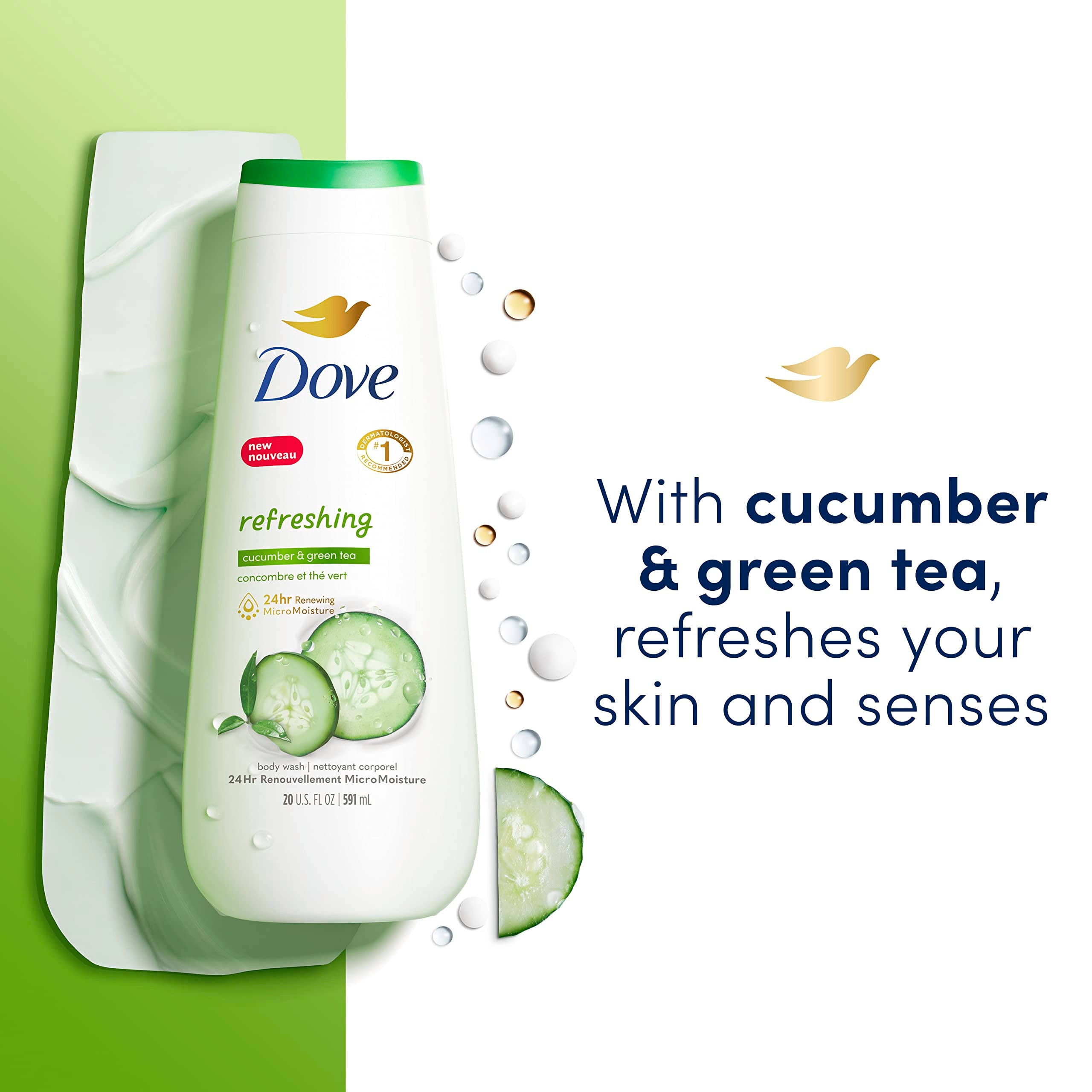 Dove Body Wash Refreshing Cucumber and Green Tea Refreshes Skin Cleanser That Effectively Washes Away Bacteria While Nourishing Your Skin 20 oz,(Pack of 8)
