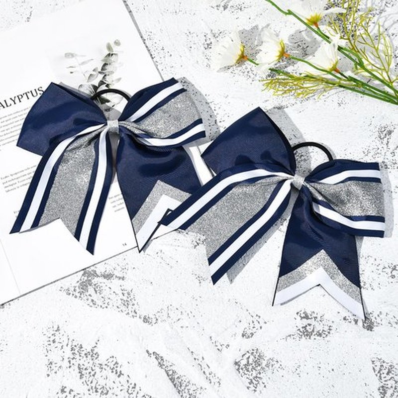 8 PCS Large Glitter Cheer Bows 8" Hair Bows Sparkly Cheerleading Softball Team Bow Hair Ponytail Holder Accessories for cheerleaders football Competition Sports- Silver Navy Blue White