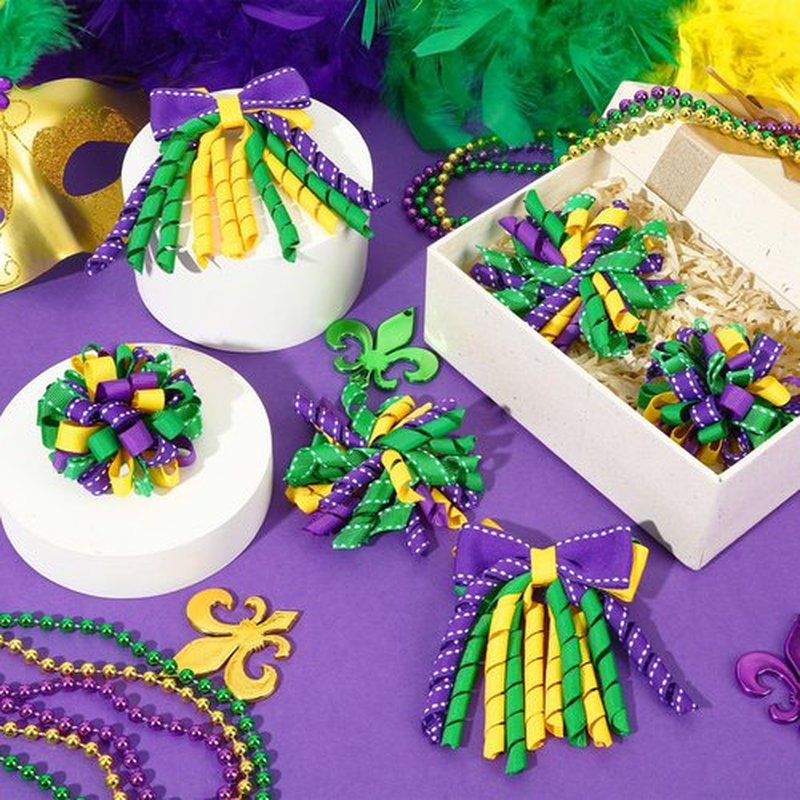 JUNEBRUSHS Mardi Gras Hair Bows Clips for Girls, Curly Bows with Alligator Clips, Purple Yellow Green Ribbon Hair Clip, Mardi Gras Accessories Favor Gifts for Girls