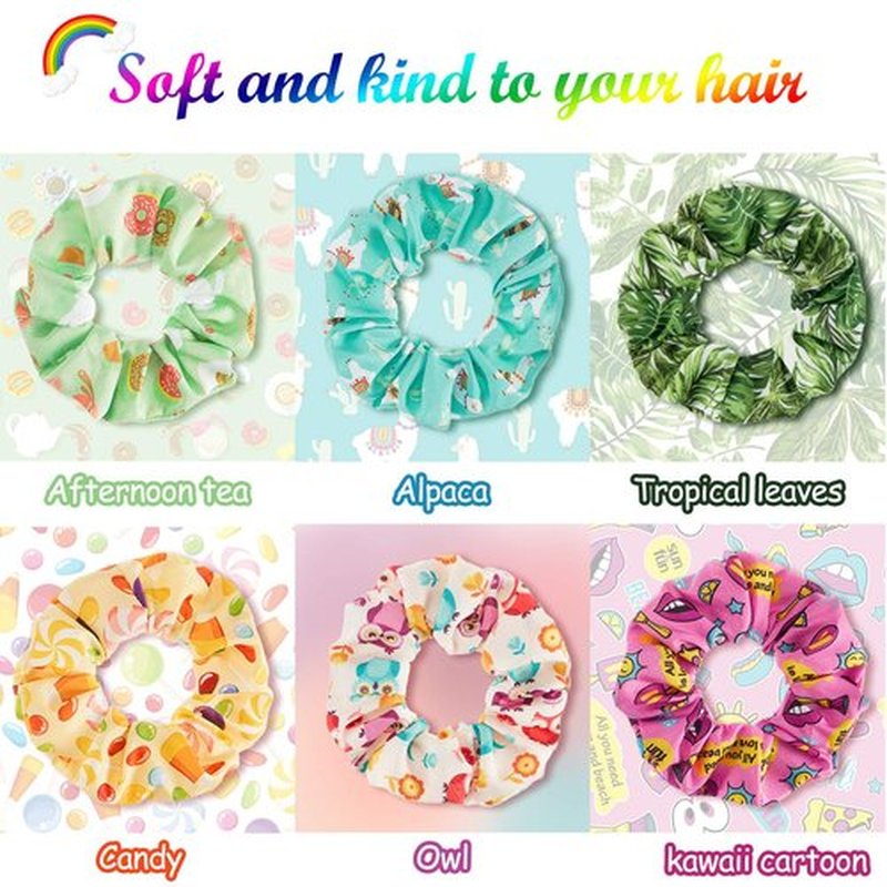 16 Pieces Cute Hair Scrunchies Kawaii Colorful Cute Unicorn Rainbow Mermaid Dog Printing Scrunchy Ponytail Holder Hair Ties Accessories for Women and Girls(Classic Style)
