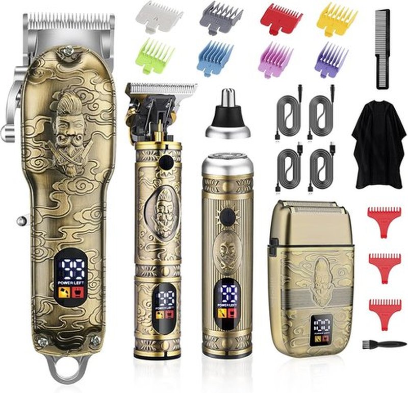 Soonsell Men's Professional Hair Clippers & Trimmer Set - T-Blade, Nose Trimmer, Foil Shaver, LCD Display (Bronze)
