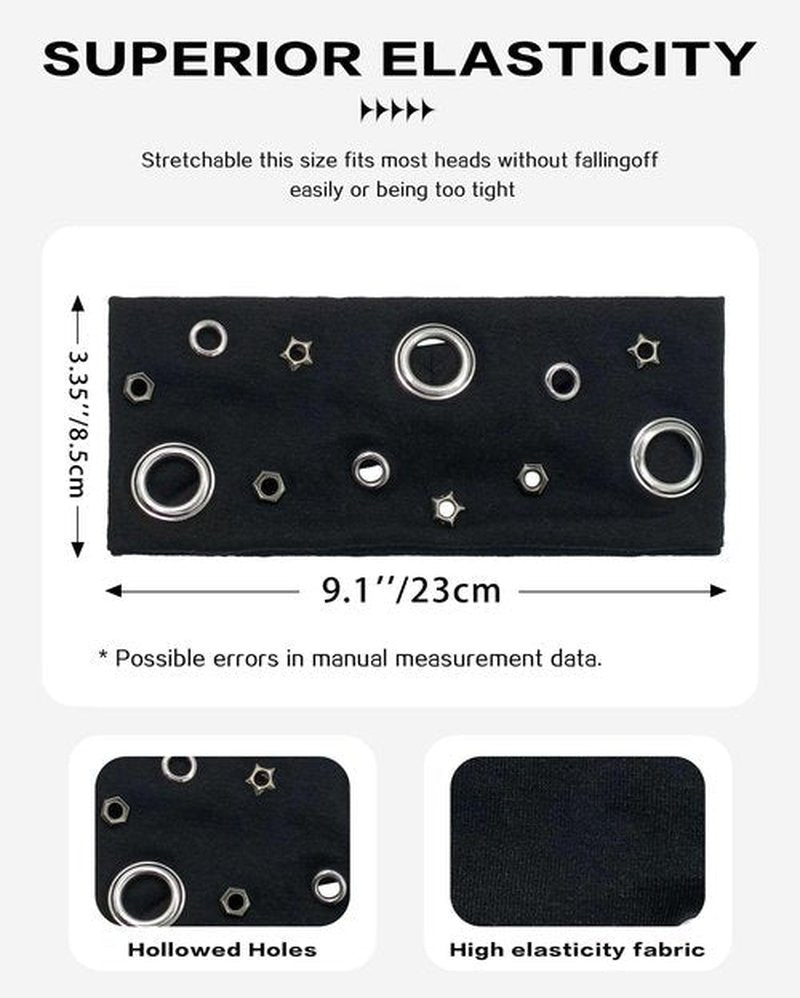 JENSVOIR Grommet Headband for Women, Black Star 23cm Hollow Out Elastic Hair Band, Eyelets Punk Grunge Stylish Hairband