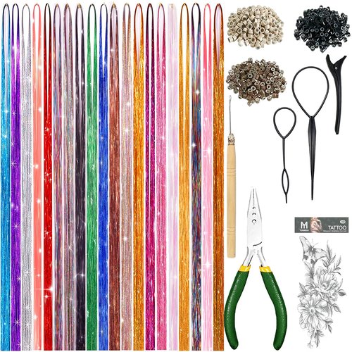 Hair Tinsel Kit, Fairy Tinsel Hair Extensions With Tool 3000 Strands 20 Colors Holographic Heat Resistant Sparkling Hair Glitter (3000 Strands 48 Inch, 20 Colors)
