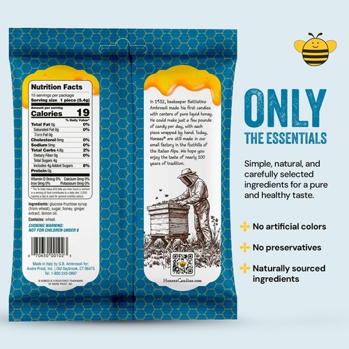 Honees Honey & Ginger Hard Candy - Natural Italian Treat with Real Honey & Ginger | 2.85 oz Pack