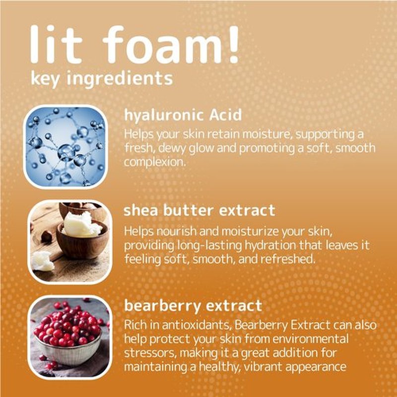 L-UV lit foam! Light sun kissed tan. Transparent and no color transfer foam with Vitamin C and E. Perfect for a natural and flawless looking tan.