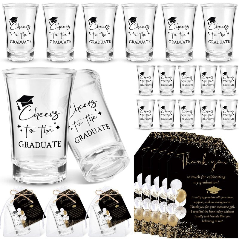 Maxcheck 25 Sets Graduation Party Favors for Guests Cheers to the Graduate Acrylic Shot Glasses with Thank You Cards and Organza Bags Graduation Gifts for Teacher Classmates Family(Black Color)