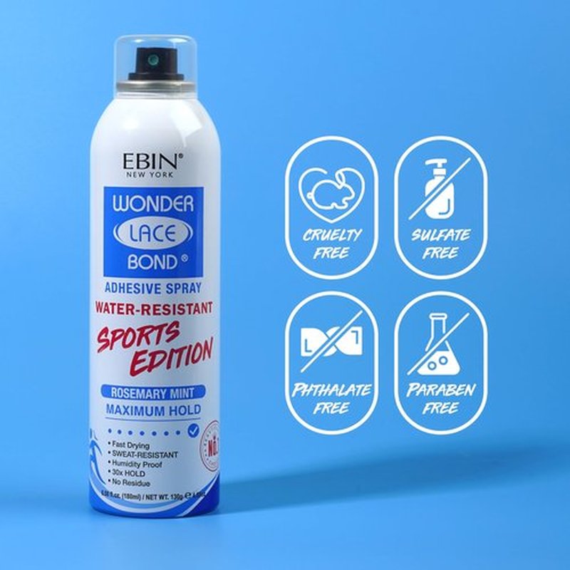 EBIN NEW YORK Wonder Lace Bond Adhesive Spray 6.08 Fl Oz Sports Edition – Strong Hold – Water-Resistant Wig Glue Spray for Front Lace Wig Application – Designed for Active Lifestyles and Daily Wear