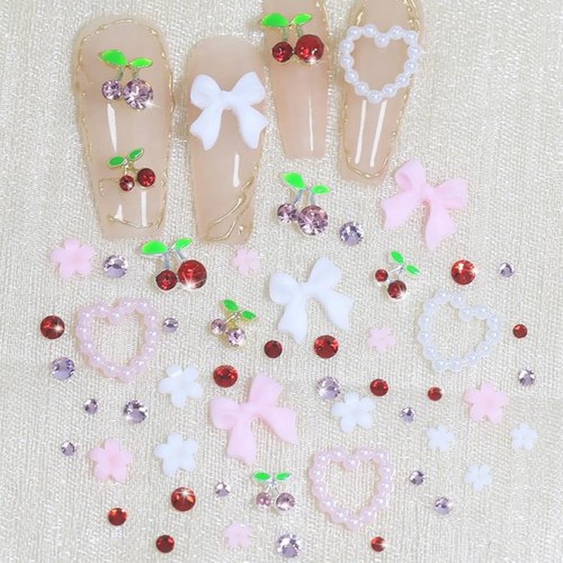 HNUIX 3D Nail Charms - Multiple Shape, Shiny Gems,Pink & Red & White, Flowers, Resin Bows Heart, Flat Back Cherry Nail Rhinestones, for Nail Art, DIY Manicure Decor
