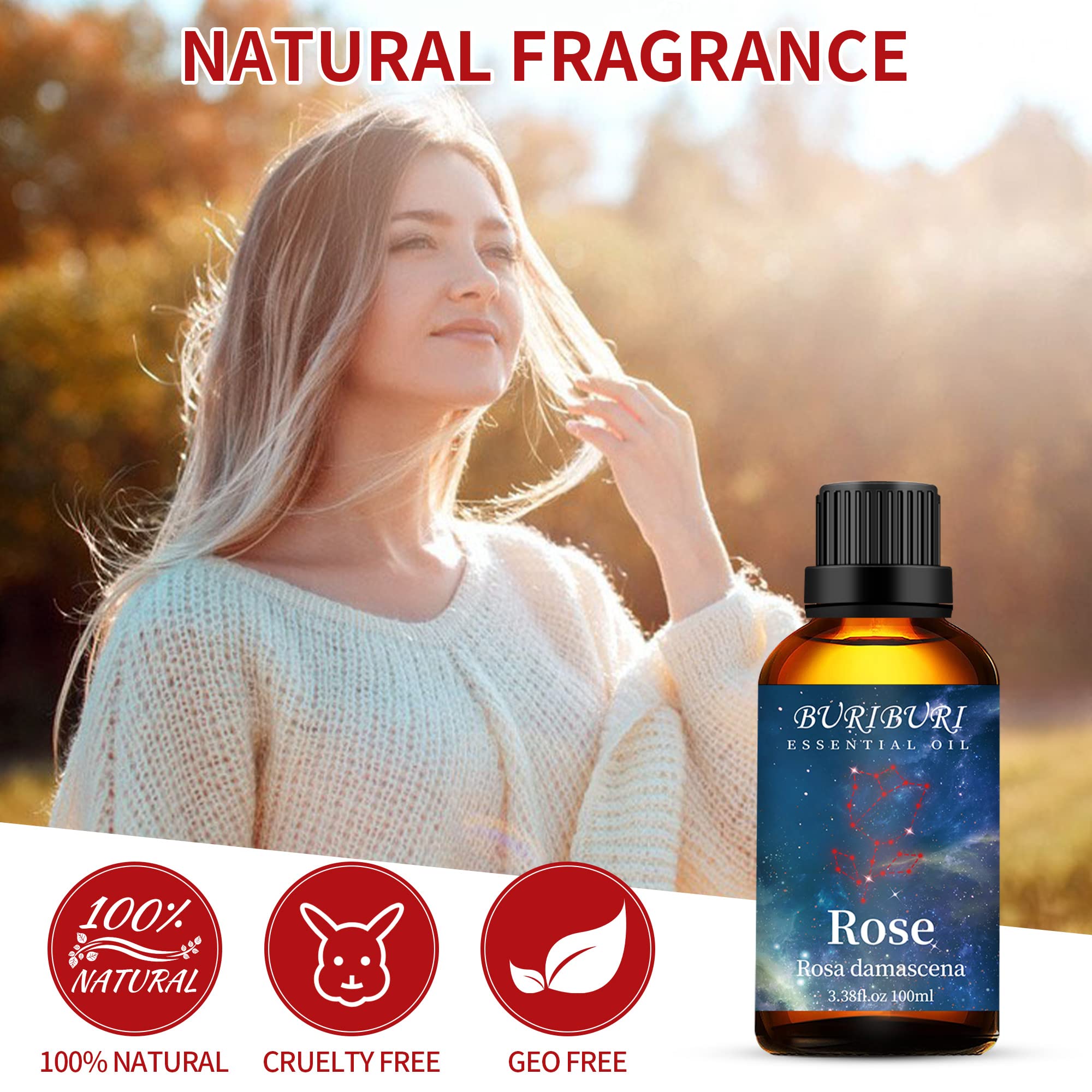 BURIBURI Rose Essential Oil 100ML Gifts Set 100% Pure Natural Undiluted Aromatherapy Rose Oil 3.38fl.oz for Soap, Candle Making, Massage, Diffuser, Humidifier