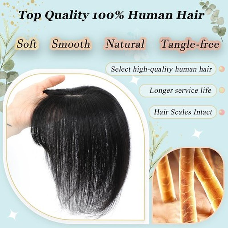 OOPPOO Hair Toppers for Women Real Human Hair, 360° 3D Cover Toppers Hairpieces for Women with Thinning Crown Wispy Clip in Bangs Realistic Scalp Hairline (Black, Wispy Bangs)