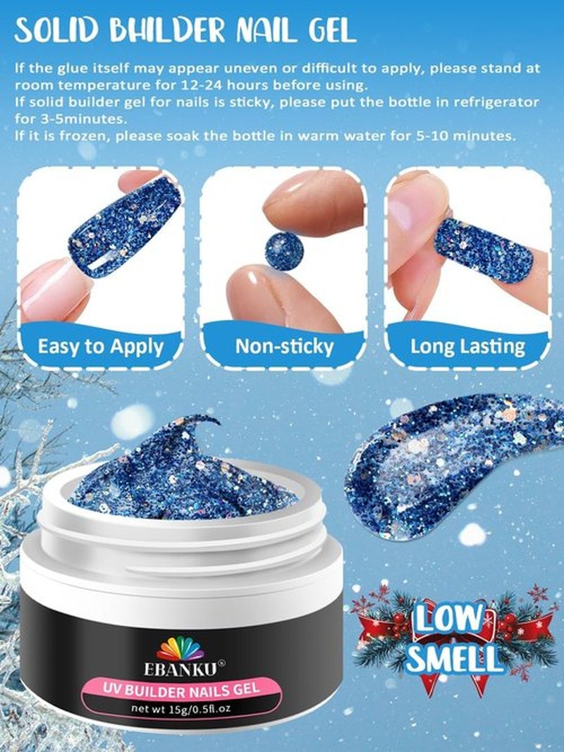 Christmas Solid Builder Gel Kit, EABNKU 6 Colors Solid Builder Gel for Nails Blue Collection Glitter Non Sticky Nail Extension 3D Sculpting for Winter Nail Starter Kit 15g*6 (3 OZ)