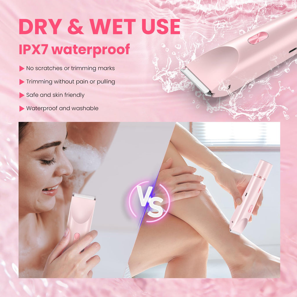 Bikini Trimmer for Women-2 in 1 Dual Head Electric Razors,USB Rechargeable Bikini Electric Shaver,IPX7 Waterproof Dry & Wet Use Body Hair Trimmer and Facial Hair Remover for Underarm Leg Body,Pink