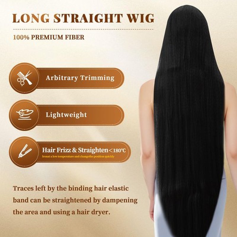 Dream Zimi 48 Inches Surper Long Straight Wig for Women Flat Bangs Soft Yaki Kinky Wigs for Daily Party Halloween Christmas Cosplay Wig Synthetic Hair Black 120CM