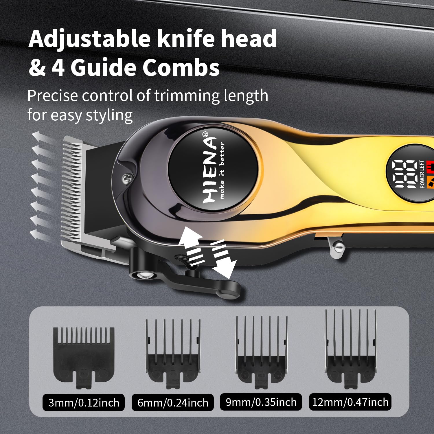 HIENA PRO Electric Hair Clipper & Trimmer for Men, Professional Cordless Barber Tool with LED Display, Rechargeable Hair-Cutting Clippers, Gifts for Men(Gold)