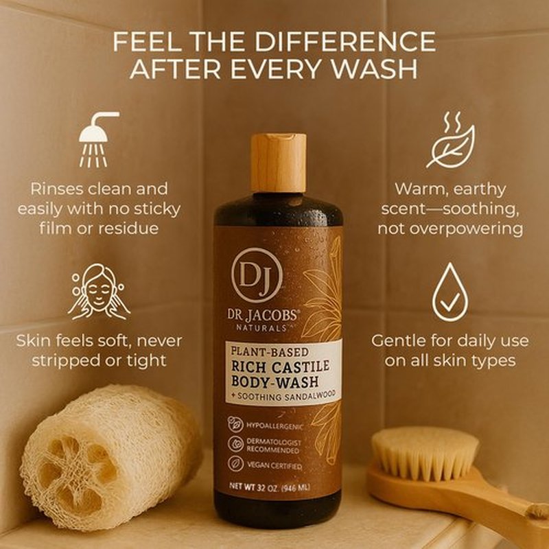 Dr. Jacobs Naturals Pure Castile Soap Liquid Body Wash, Sandalwood - Plant Based Soap Infused with Vitamin E and Aloe Vera to Moisturize Dry and Sensitive Skin - Made in The USA - 32 oz, Pack of 3