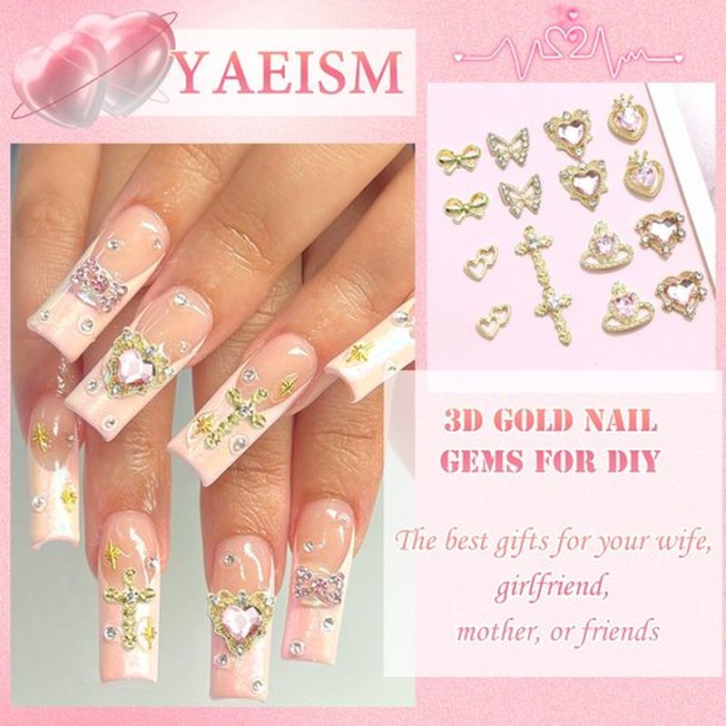 50PCS Gold Nail Charms Shiny Pink Heart Nail Charms Crystal Butterfly Charms Alloy Bowknot Charms 3D Cross Nail Charms for Nail Art and DIY Crafts Decoration