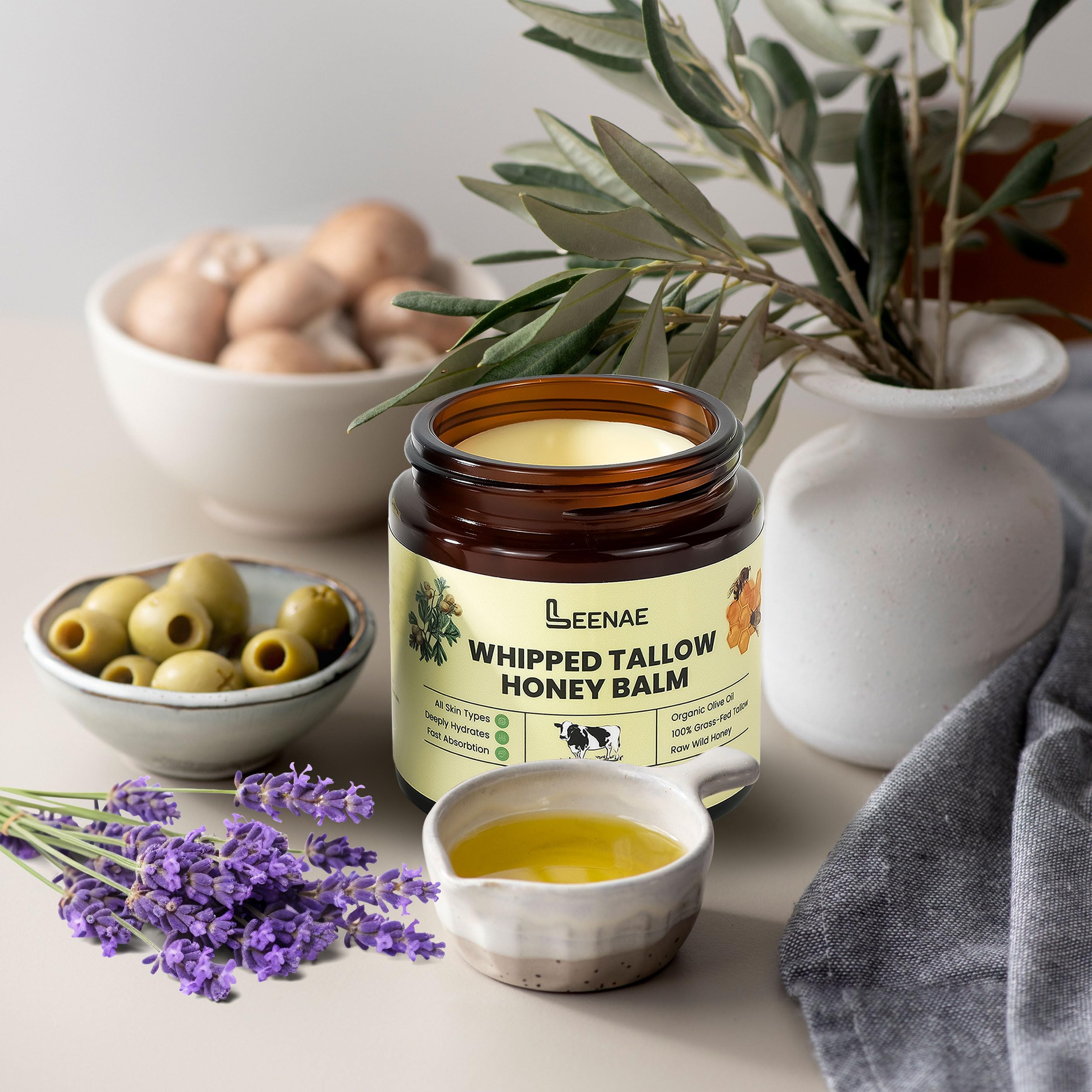 LEENAE Whipped Beef Tallow Moisturizer with Honey – Grass Fed Tallow Face & Body Balm, Unscented Natural Skin Cream with Olive Oil, 4 oz