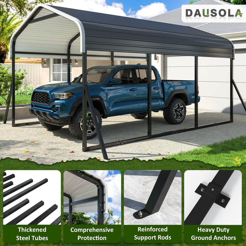 DAUSOLA 12x20 FT Metal Carport, Heavy Duty Carports Canopy with Updated Enhanced Base and Roof for All-Weather Use, Outdoor Galvanized Car Shelter, Car Port Garage for Car, Boats and Tractors, Grey