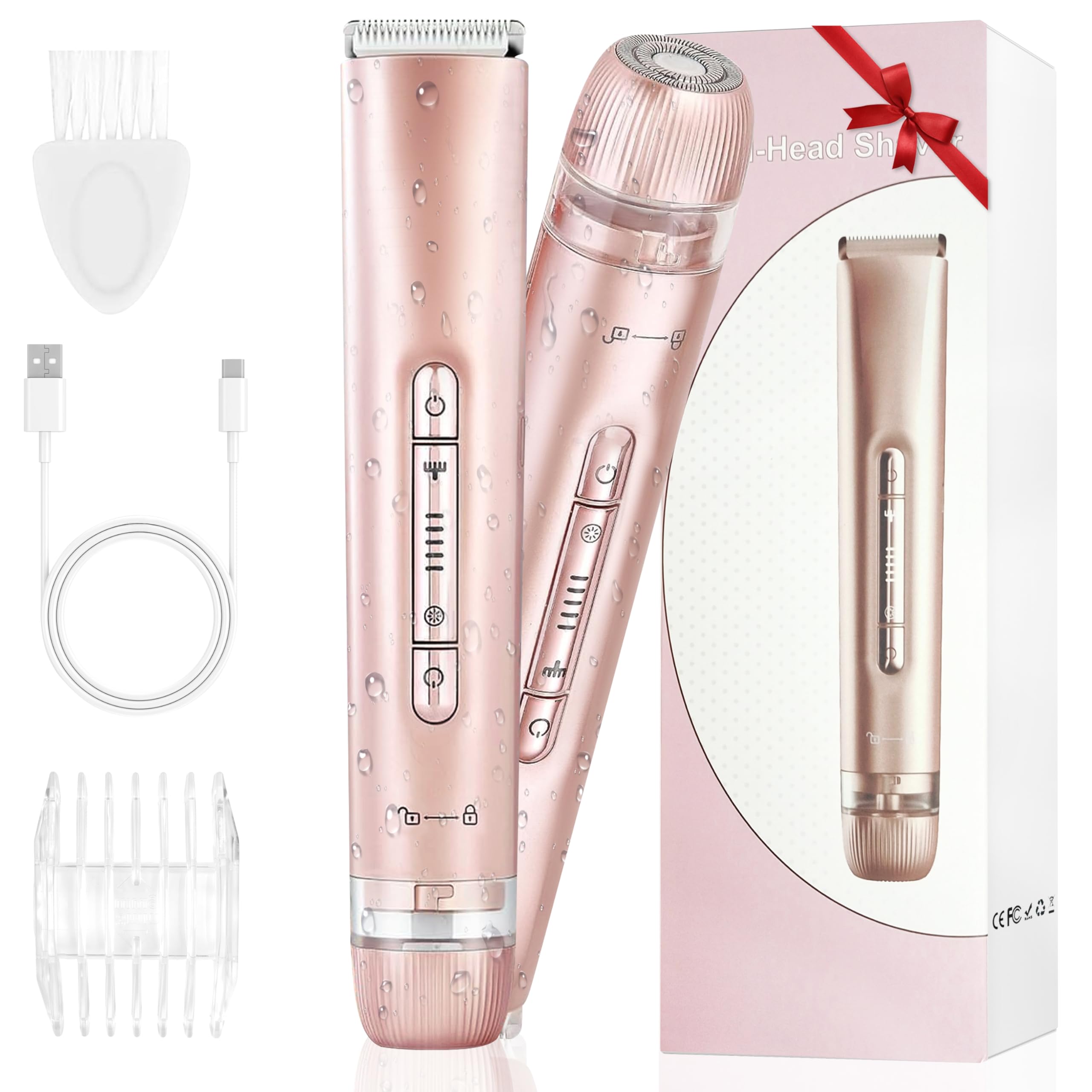 MINYUGUT 2 in 1 Dual Head Bikini Trimmer for Women, Women Electric Shaver IPX7 Waterproof Wet & Dry Use Body Hair Trimmer and Facial Hair Remover Cordless Body Shaver for Bikini Underarm Leg Arm Face