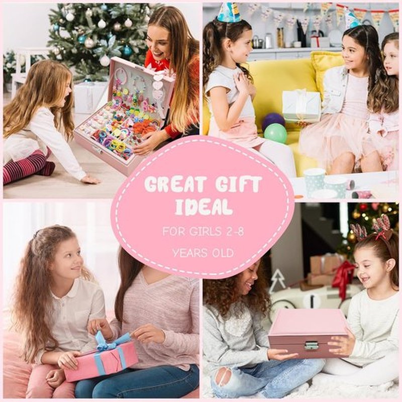 Jewelry Box with Hair Accessories for Girls, Hair Clips/Barrettes/Hair Ties/Bows/Toy Rings/Bracelets/Earrings/Hair Ropes/Hair Elastics, Gift Toys for Teen, Girls aged 4 5 6 7 8-12