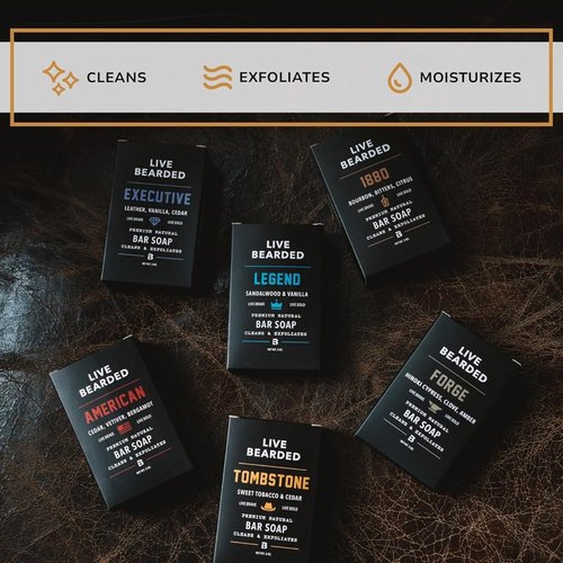 Live Bearded All-Natural Bar Soap for Men - Exfoliating & Moisturizing 6-Pack | 5 oz Each - Charcoal, Pumice, Shea Butter | 1880 Bourbon Scent