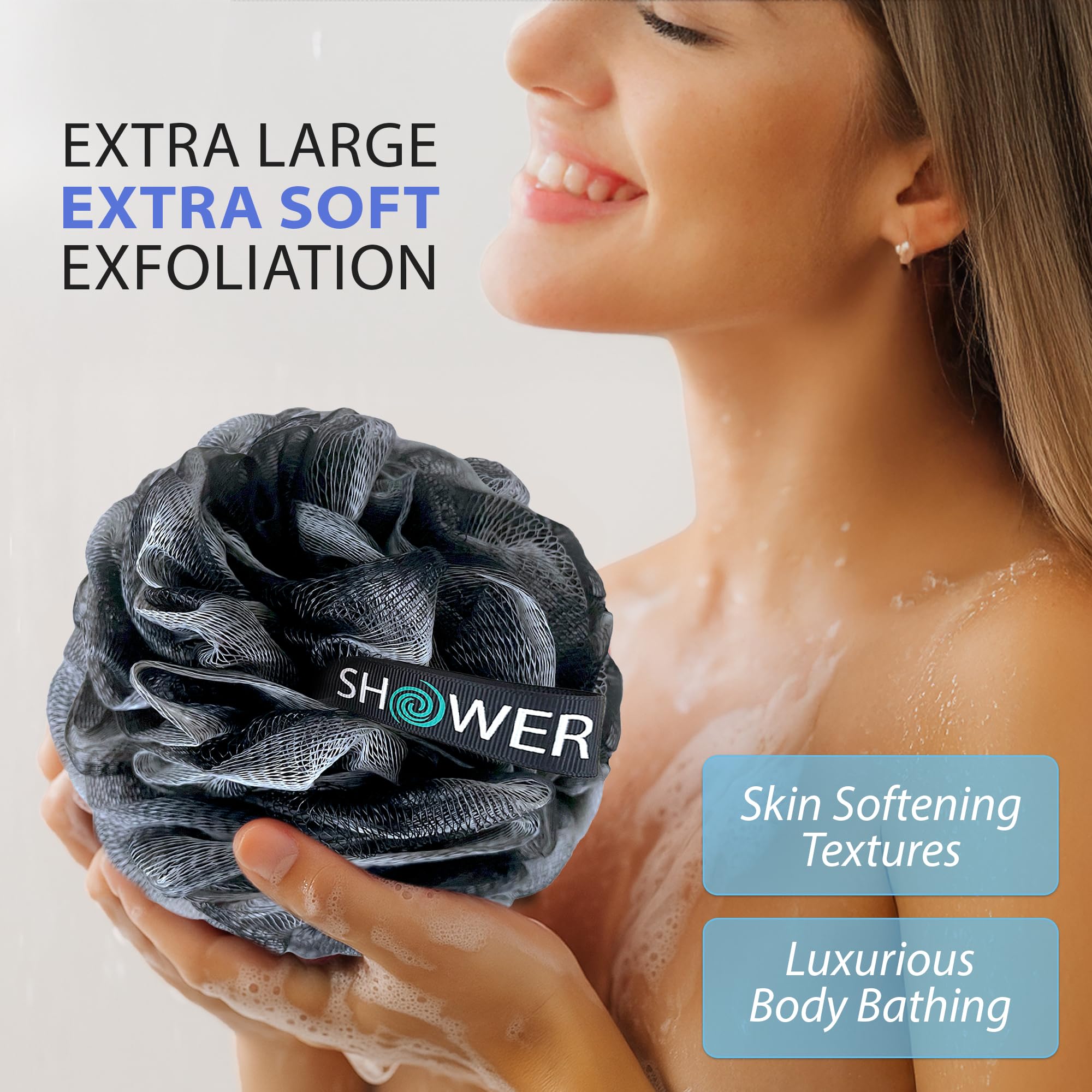 SHOWER BOUQUET Loofah-Charcoal Bath-Sponge-4-Pack // Extra-Large 75g Soft Mesh Black Loofa Lufa Loufa Luffa Puff Set/Exfoliating Body Scrubber for Women and Men - Exfoliate & Soothe Face & Body