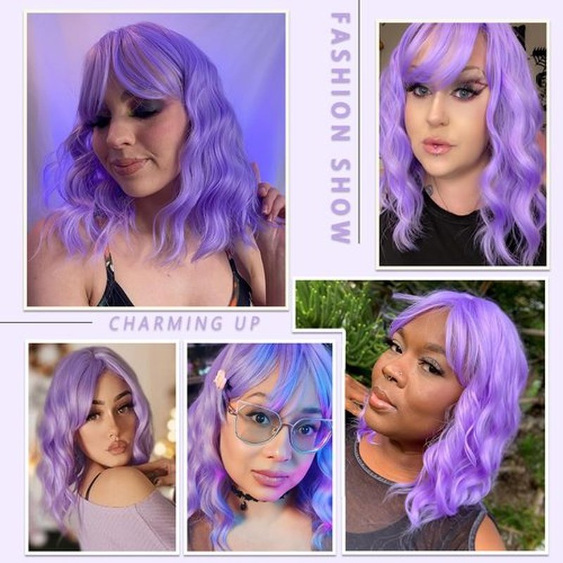 BEAUTIFA Purple Wig with Bangs for Women 14 Inch Lavender Wigs Short Bob Wavy Curly Wig Heat Resistant Synthetic Colorful Wig