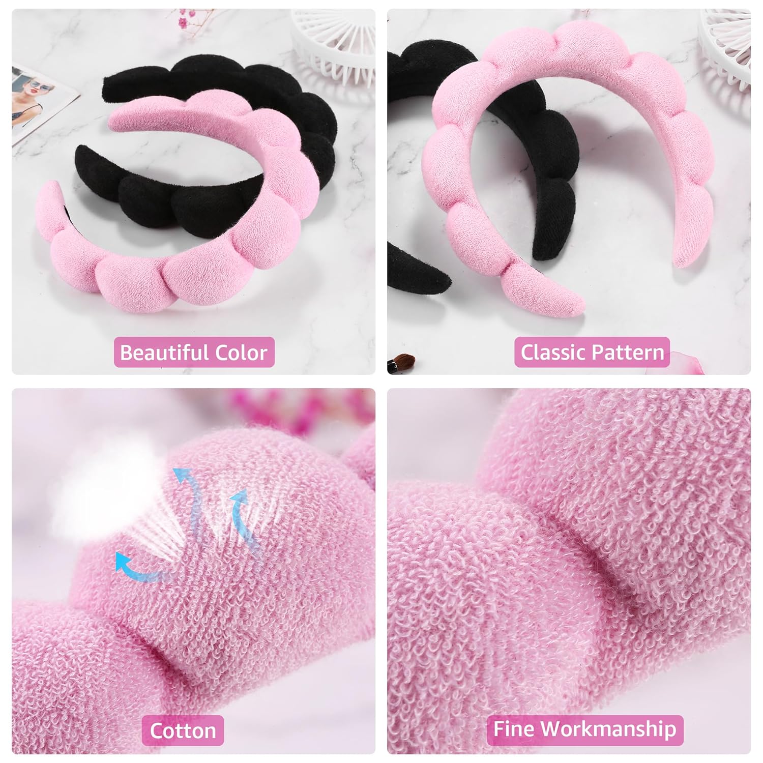 Ztomine Spa Headbands - Set of 2 Terry Cloth Skincare Headbands for Face Washing | Black & Pink