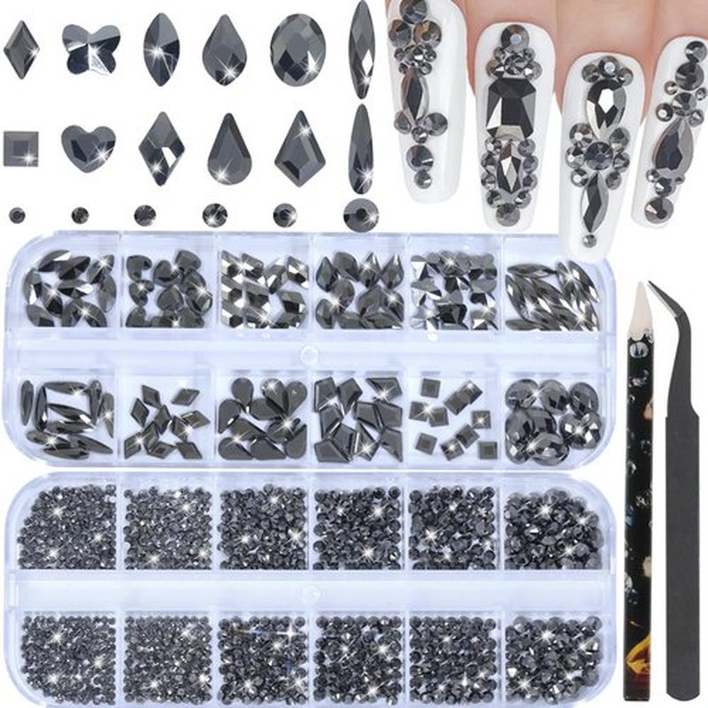 LIYMNQYJ Nail Rhinestones - 3D Multi Shape Size, Crystal, Manicure Rhinestones Charms, Mineral Gray Nail Gems, Flat Back, with Kit, for Nail Art, DIY Decorations