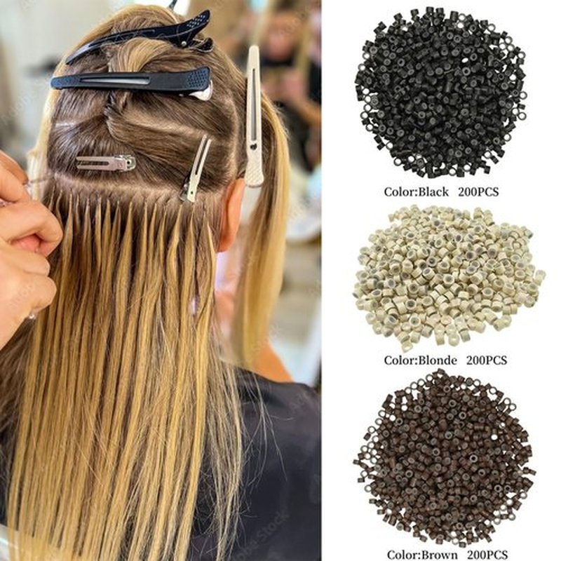 Hair Extension Tools Kit, 3 Colors 600pcs Micro Silicone Rings Beads Hair Extensions Kit Hair Pliers Micro Pulling Hook Needle Loop Threader and 600pcs Micro Silicone Links(Black,Brown,Blonde)
