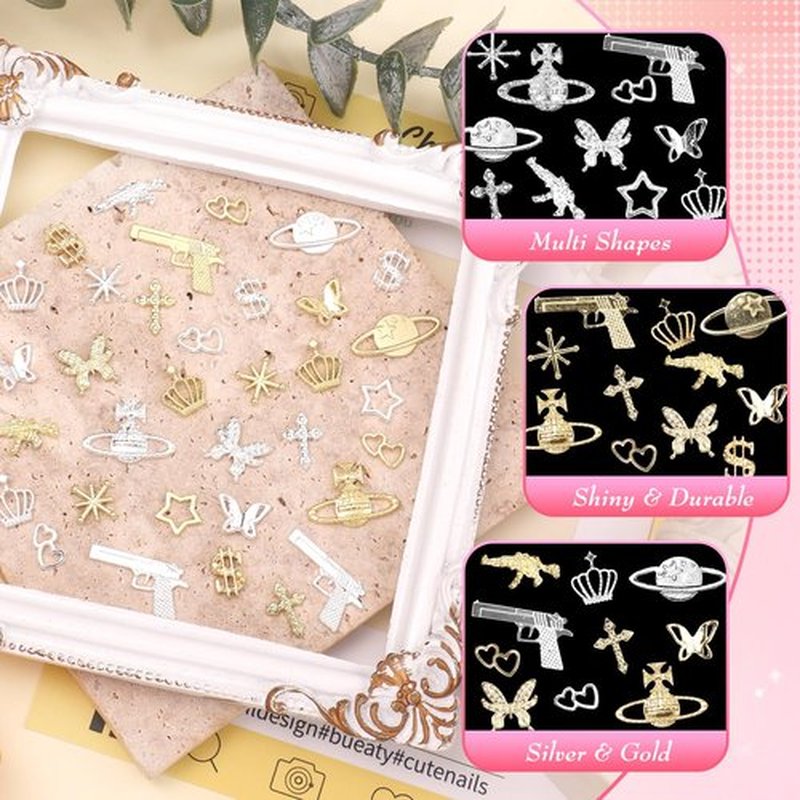 120 Pcs Silver Gold Nail Charms, Gun Cross Star Heart Planet Nails Charms and Gems, Metal Dollar Star Butterfly Y2K Nail Charm for Nails Art Design DIY Accessories