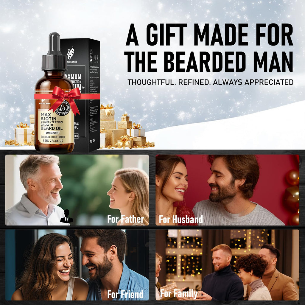 aokur Biotin Beard Growth Oil for Men - Vitamin B5 & Castor Oil Formula, Nourish & Thicken Facial Hair, Daily Beard Care, Styling & Taming, Hydrating, Non-Greasy, Sandalwood 2oz Gift for Him