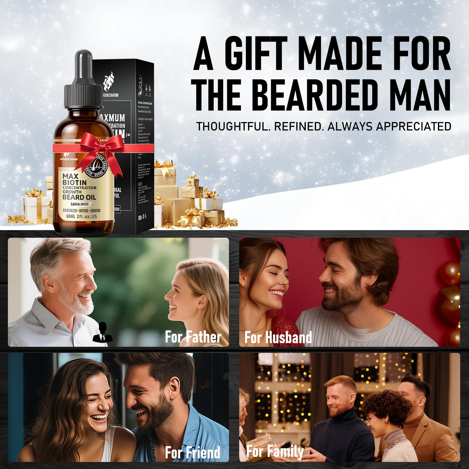 aokur Biotin Beard Growth Oil for Men - Vitamin B5 & Castor Oil Formula, Nourish & Thicken Facial Hair, Daily Beard Care, Styling & Taming, Hydrating, Non-Greasy, Sandalwood 2oz Gift for Him