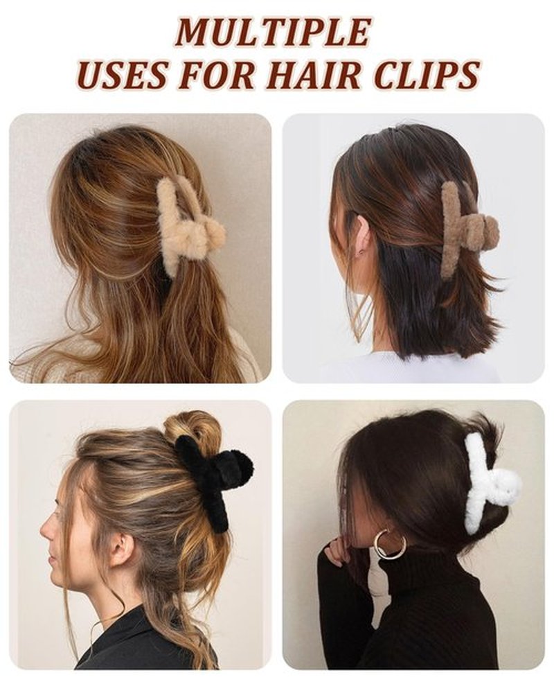AWAYTR Plush Clip - Hair Clip, 6 Pcs Rectangular Cute Hair Clips for Women, Large Hair Barrettes for Thick Hair, Non Slip Hair Jaw Clips for Girls, Camel/Coffee/Beige/Khaki/White/Black