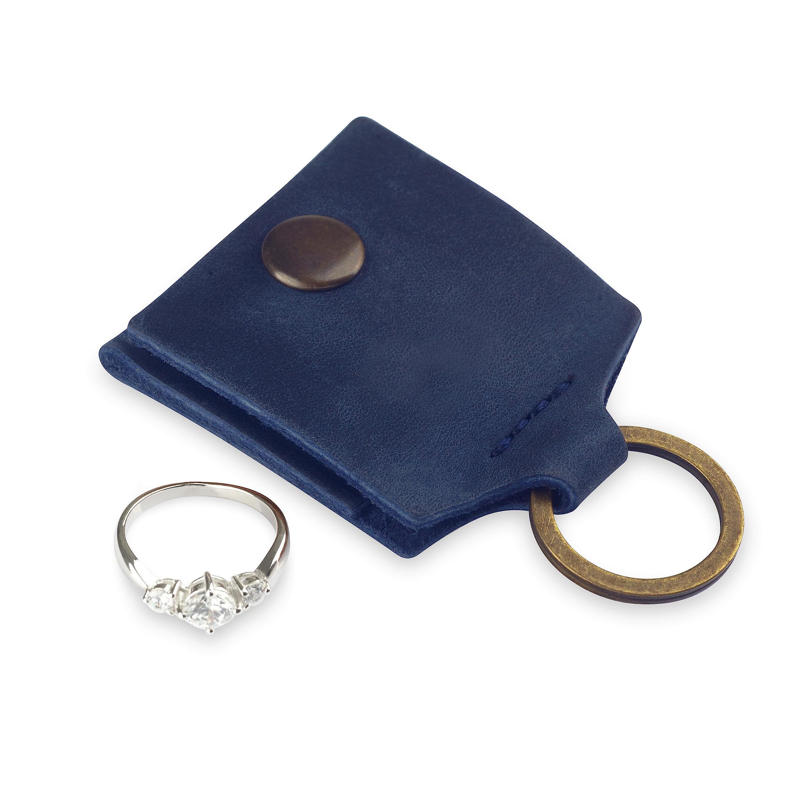 Leather Keychain Ring Holder, Wedding Ring Travel Case, Engagement Ring Holder, Ring Pouch Bag, Workout and Gym Ring Holder, Small Soft Leather Ring Bearer (Blue)