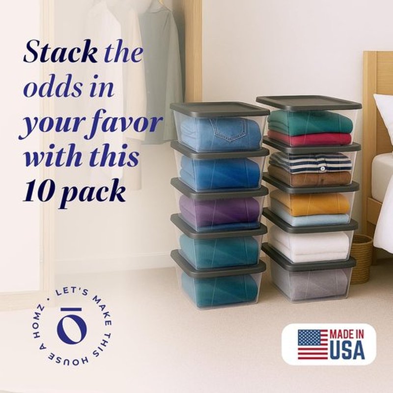 HOMZ 10-Pack Snaplock Storage Bins - Clear Plastic Organizer Containers with Lids, 6 Quart, Gray