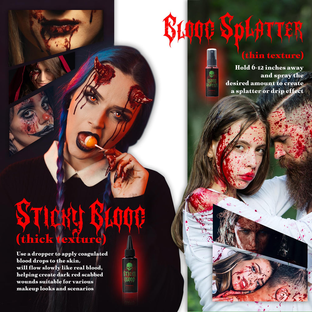 Vaneria Halloween Fake Blood Makeup Kit,Realistic Washable SFX Makeup with 50ml Blood Splatter, 50ml Sticky Blood, Sponge,4 Fake Scars & 4 Fluorescent Tattoo Stickers for Zombie, Vampire Cosplay