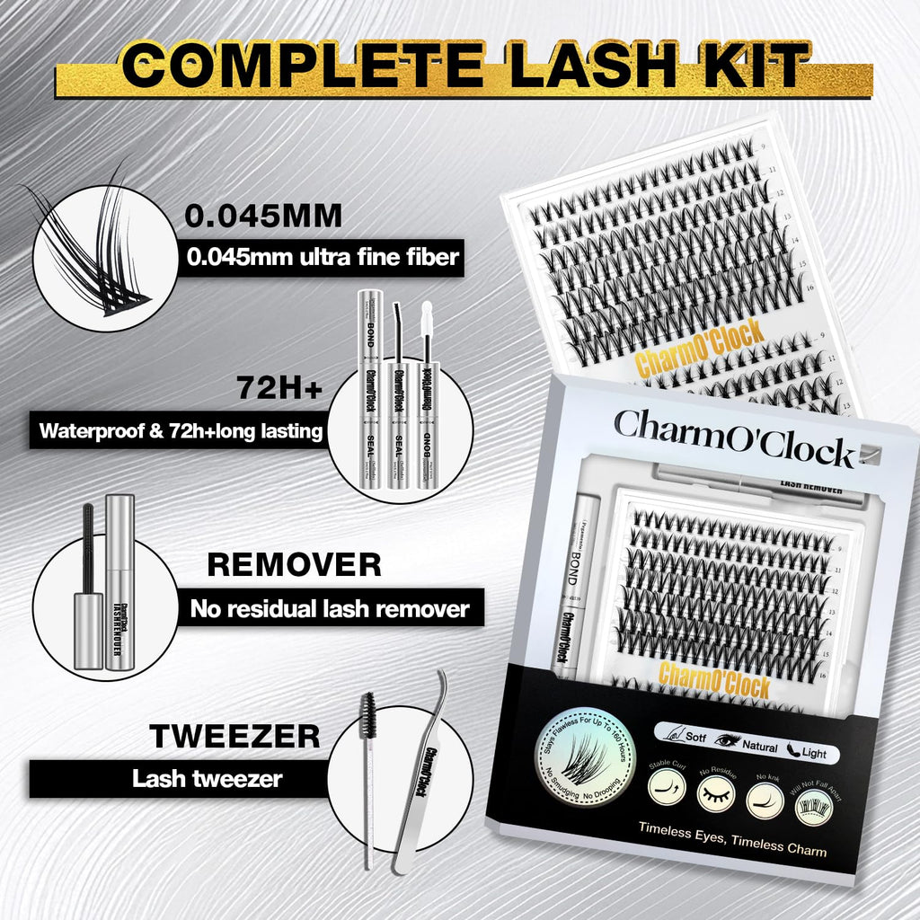Lash Clusters Kit, 266Pcs Individual Cluster Lash Extensions Kit D Curl Fluffy Wispy Eyelash Clusters with Lash Bond and Seal and Tweezers 9-16mm 7 Styles Mix Lashes Clusters Kit
